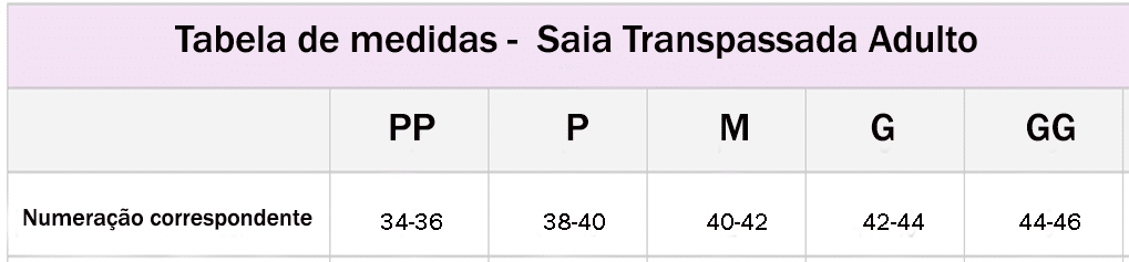 Tabela de medidas Saia transpassada adulto - Roupas de Dança Ministerial - Estilo Dança