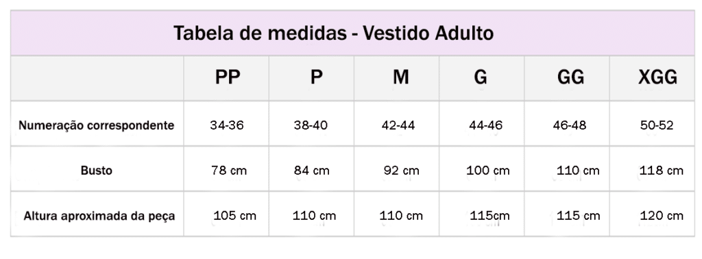 Tabela de medidas Vestido Feminino Adulto - Roupas de Dança Ministerial - Estilo Dança