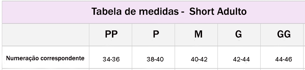 Tabela de medidas short Adulto - Roupas de Dança Ministerial - Estilo Dança