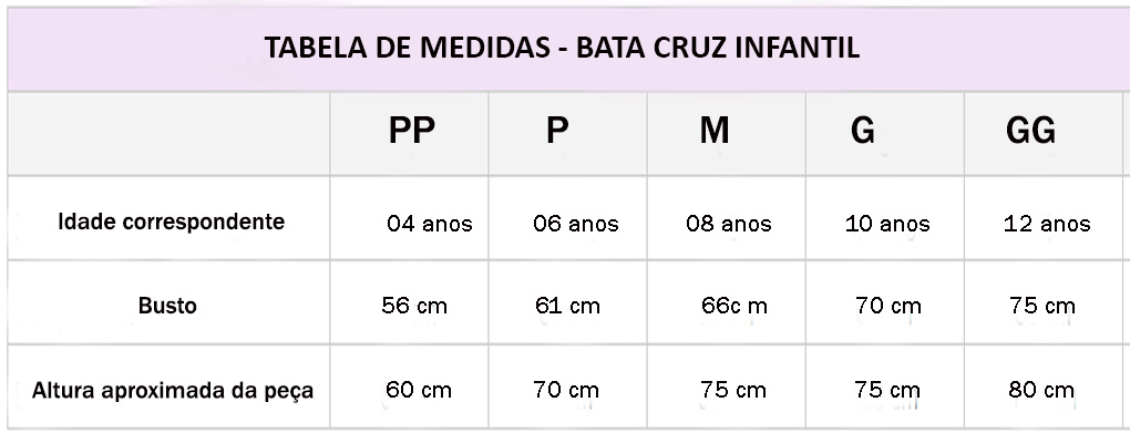 Tabela de medidas BATA CRUZ infantil - Roupas de Dança Ministerial - Estilo Dança