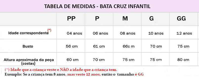 Tabela de medidas Bata Cruz Infantil 1 - Roupas de Dança Ministerial - Estilo Dança