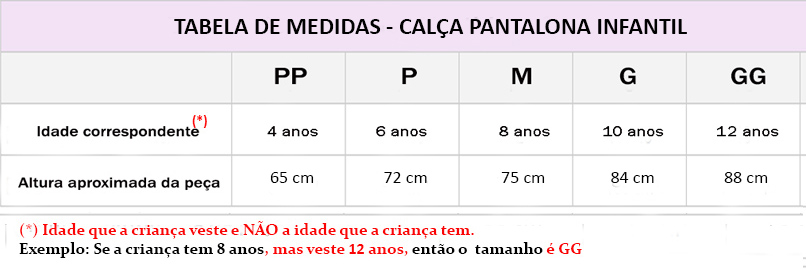 Tabela de medidas Pantalona Infantil - Roupas de Dança Ministerial - Estilo Dança