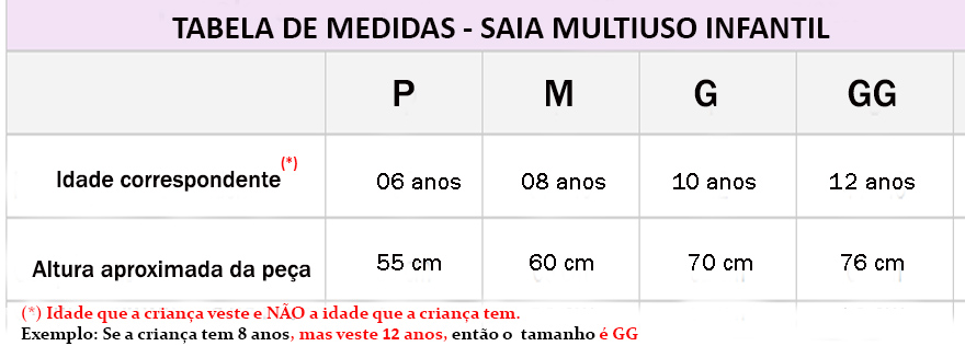 Tabela de medidas Saia Multiuso Infantil - Roupas de Dança Ministerial - Estilo Dança