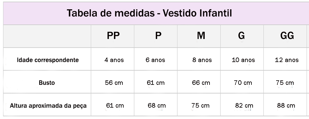 Tabela de medidas Vestido Infantil - Roupas de Dança Ministerial - Estilo Dança