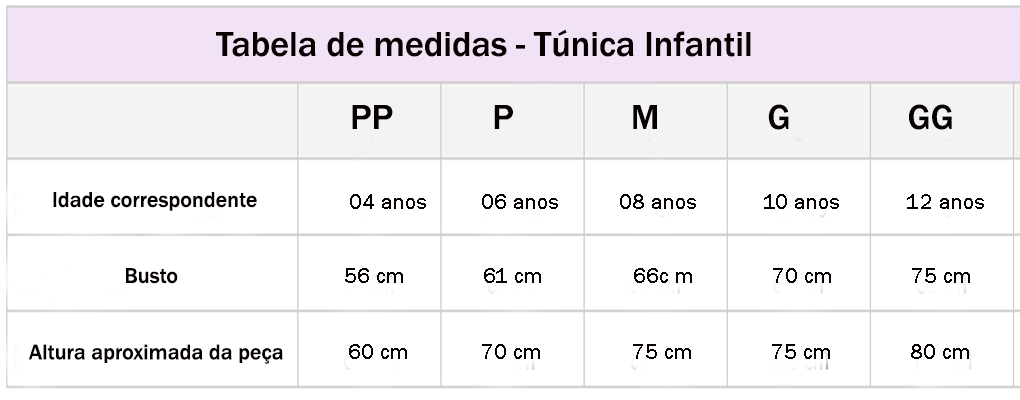 Tabela de medidas tunica infantil 1 - Roupas de Dança Ministerial - Estilo Dança